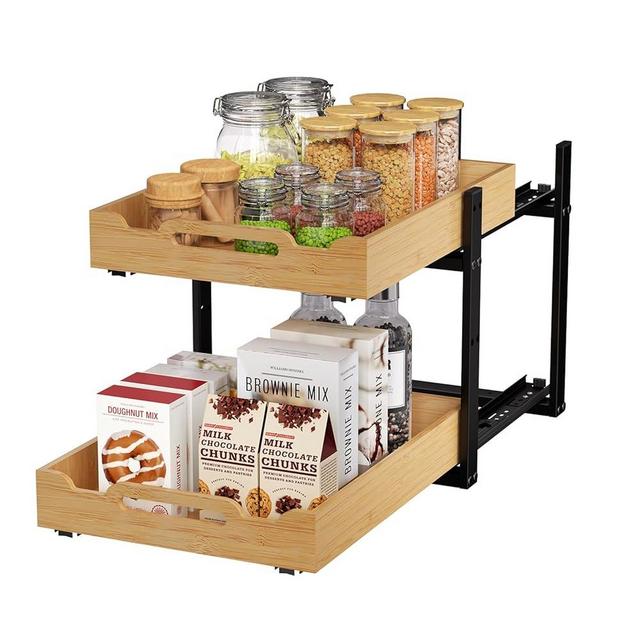 Golener Pull Out Cabinet Organizer - 2-Tier Slide Out Bamboo Drawers for Kitchen Cabinets, Bathroom Organizers and Storage, Under Sink Organizer for Kitchen Storage Organization with Coated Iron Frame