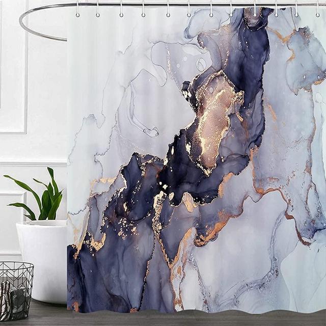 Marble Shower Curtain for Bathroom, Abstract Black and Gold Modern Fabric Shower Curtain Set, Cute Cool Unique Bathroom Accessories Decor, Hooks Included (72W X 72H)