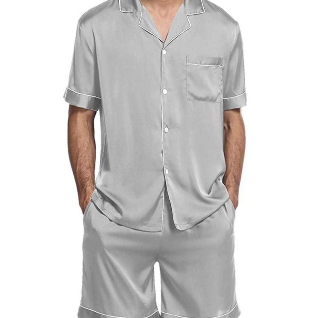 Ekouaer Mens Satin Pajamas Set Button-Down Short/Long Sleeve Shirt Top Soft Silk Sleepwear Loose Pocket Pant Loungewear