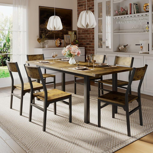 iPormis 7-Piece Dining Table & Chairs Set for 4-6, 63" Extendable Kitchen Table with 6 Chairs, Dining Room Table with MDF Board & Metal Frame, Perfect for Small Space,Easy Assembly, Rustic Brown