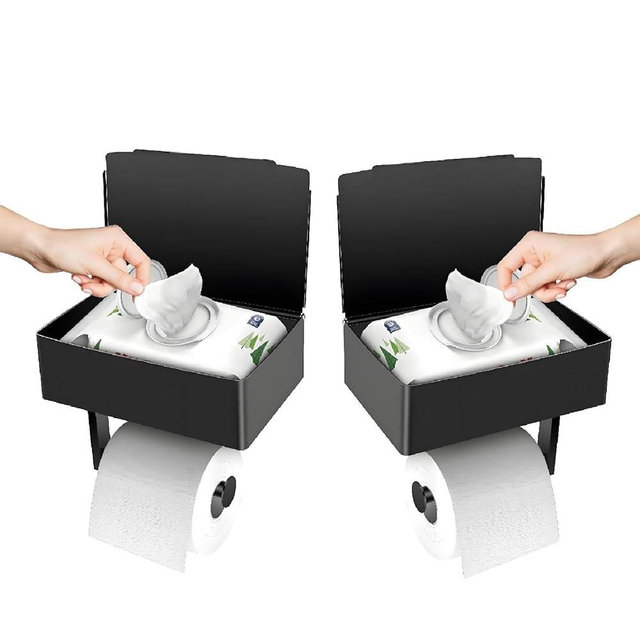 BOSOEI Toilet Paper Holder with Storage, Shelf of Bathroom Toilet Tissue Holder, Toilet Paper Roll Holder, Black Stainless Steel Wall Mount, No Installation & Flushable Wet Wipes Storage (2 Pack)