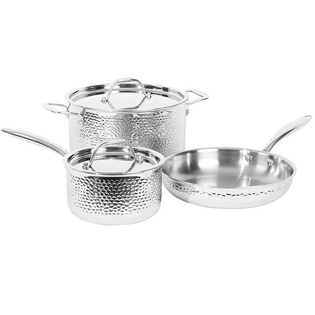 ciwete Tri-Ply Clad Stainless Steel Hammered Cookware Set, 5-Piece Pots and Pans Set, Silver