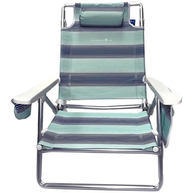 Caribbean Joe Folding Beach Chair, 5 Position Lightweight, Portable Reclining Outdoor Camping Chair with Headrest, Shoulder Strap, and Cup Holder, Horizon Stripe