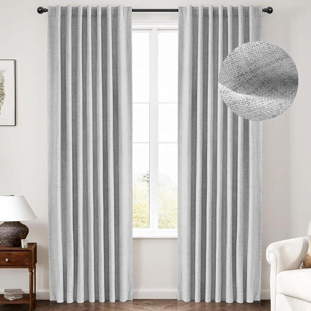 INOVADAY 100% Blackout Curtains 90 Inches Length 2 Panels Set, Back Tab/Rod Pocket Linen Black Out Curtains for Bedroom, Thermal Insulated Window Drapes - Grey, W50 X L90