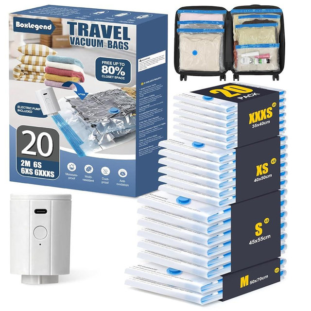 BoxLegend 20 Pack Travel Vacuum Storage Bags with Wireless USB Electric Pump (1200mAh) 4 Sizes for Luggage, Suitcase & Backpack Must-Have Travel Essentials Save 80% Space for Clothes & Packing