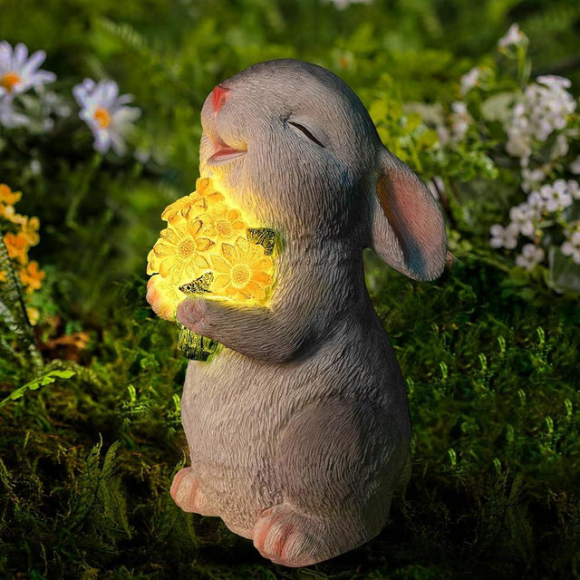 WONDHOME Solar Rabbit Garden Statues Outdoor Bunny Decor Resin Rabbit Figurine Holding Sunflower with LED Lights for Proch Patio Lawn Yard Mothers Day Gardening Gifts for Mom Grandma