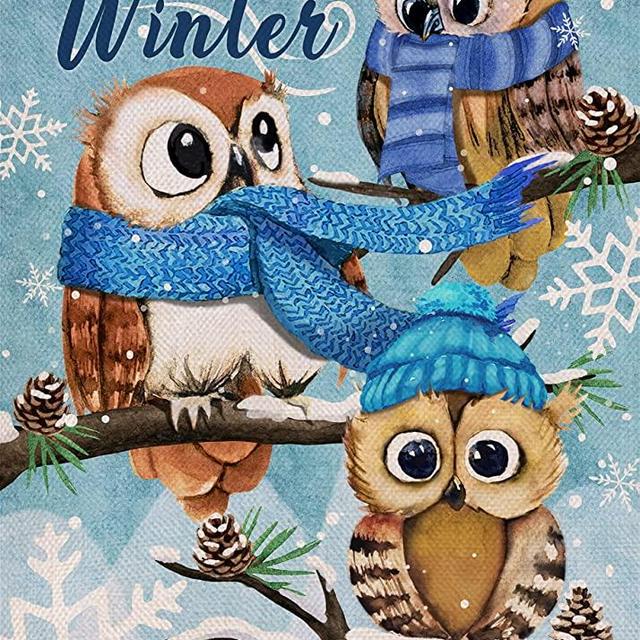 Covido Home Decorative Hello Winter Owls Family Garden Flag, Animals Yard Outside Decorations, Snow Farmhouse Outdoor Small Decor Double Sided 12x18