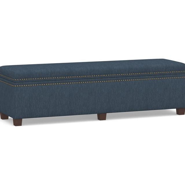 Tamsen Upholstered King Storage Bench, Performance Heathered Tweed Indigo