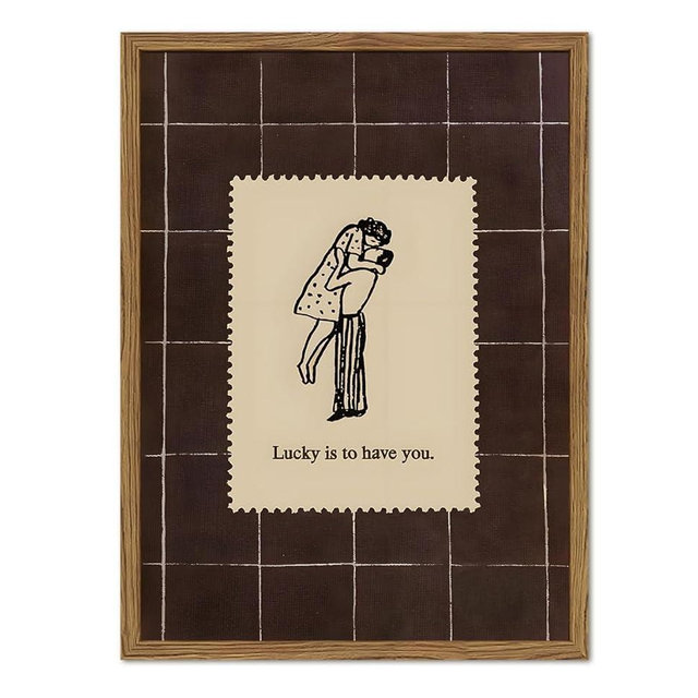 Vintage Love Couples Wall Art, Mid Century Lucky is to Have You Wall Decor Picture Romantic Anniversary Valentine Stamp Poster Canvas Prints for Bedroom Living Room 12x16 inch Wood Framed