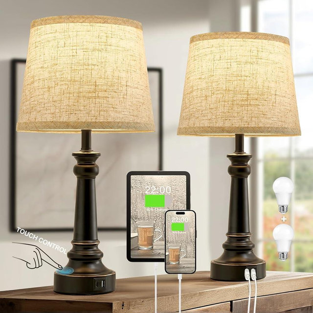 EJIAXIN Touch Lamps for Nightstand Set of 2 - Black Table Lamp for Bedroom 3 Way Dimmable Bedside Lamp with USB C+A Ports - Lamps for Night Stands Living Room End Table,2 LED Bulbs Included