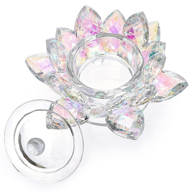 OwnMy Crystal Lotus Flower Dappen Dish with Lid Glass Tea Light Holder Lotus Petal Votive Candle Holder Candle Stand, Glass Flower Monomer Dish for DIY Nail Art Bowl Cup Jewlery Tray for Home Decor