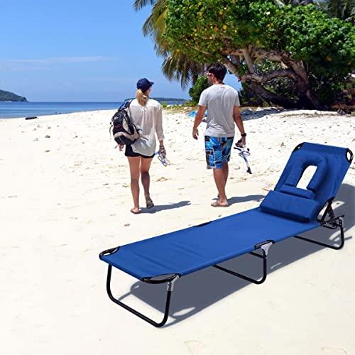 Goplus Folding Chaise Lounge Chair Reclining Adjustable Outdoor Patio Beach Camping Recliner w/Hole for Face Pool Yard (Blue)