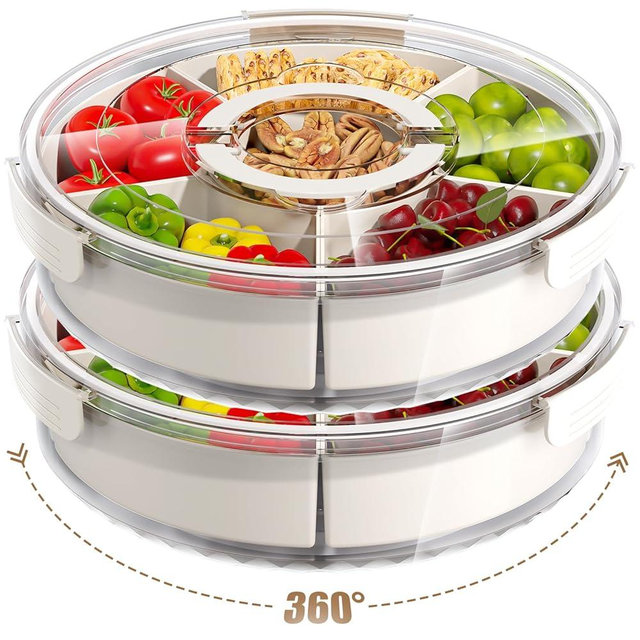Divided Serving Tray with Lid and Handle,Large Snack Spinner,Snackle Box Container, Multi-purpose Food Platter for Charcuterie Veggie Fruit, Taco Tuesday Movie Night Travel Beach Picnic Essentials