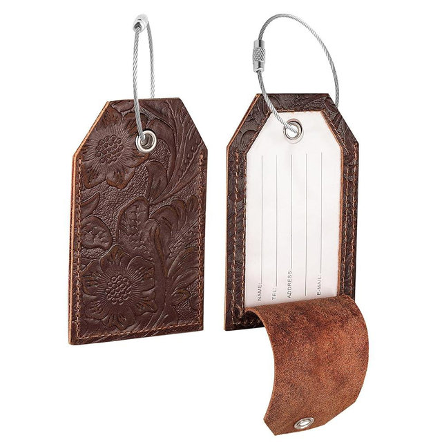 Genuine Leather Set of 2 Luggage Tag with Full Back Privacy Name ID Card Stainless Steel Loop Suitcase Labels Identifiers Baggage Tags Luggage for Women Men Travel (Yellow Brown Flower)