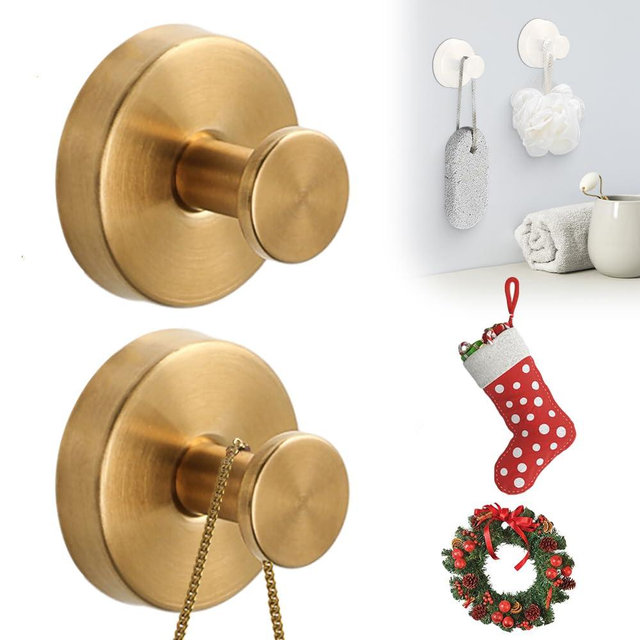 Suction Cup Hooks for Wreaths on Glass, 2025 New Stainless Steel Waterproof Suction Cup Hooks, Upgrade Hold No Drill Hooks for Bathroom Shower Mirrors Kitchens Hanging Towels Hooks (2, Goldern)