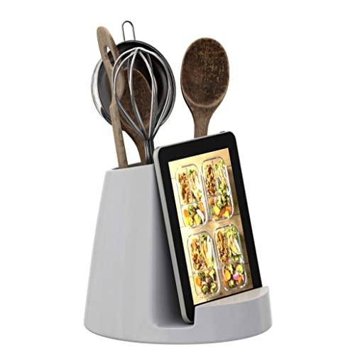 Ceramic Utensil Holder & Tablet Stand - Modern White Crock w/Tablet Holder - Utensil Caddy for Contemporary Cooking Enthuziasts - iPad or Recipe Book Holder - Decorative Cookbook Stand - 7.11" x 8.5"