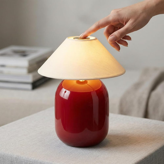 Brightech Ren Cordless Table Lamp - Natural Ceramic Desk Light with Cotton Shade for Bedroom, Living Room, Entryway - Dimmable, Cute Portable Lamp with Touch Switch and Cozy Warm White Light - Red