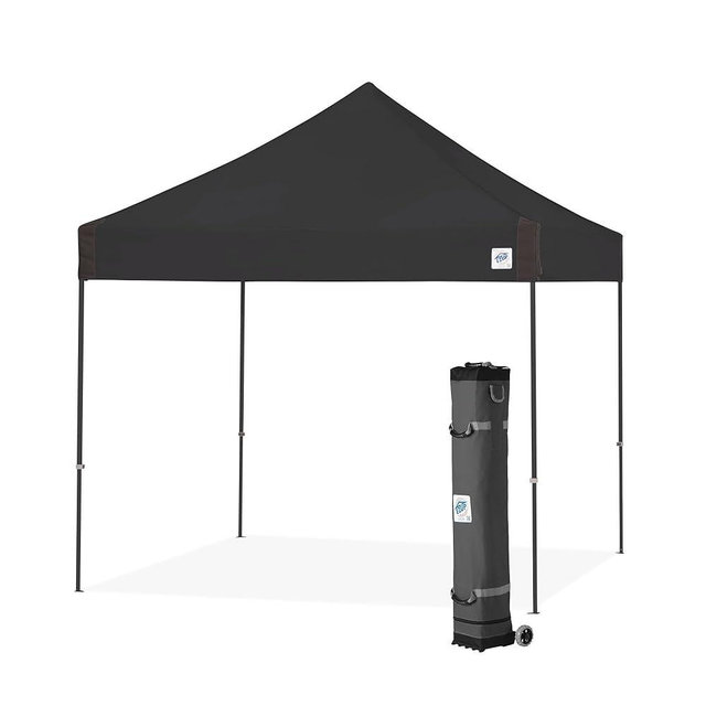 E-Z UP Vantage Instant Shelter Canopy, 10' x 10', Steel Gray Powder-Coated Steel Frame with Wide-Trax Roller Bag & 4 Piece Spike Set, Black