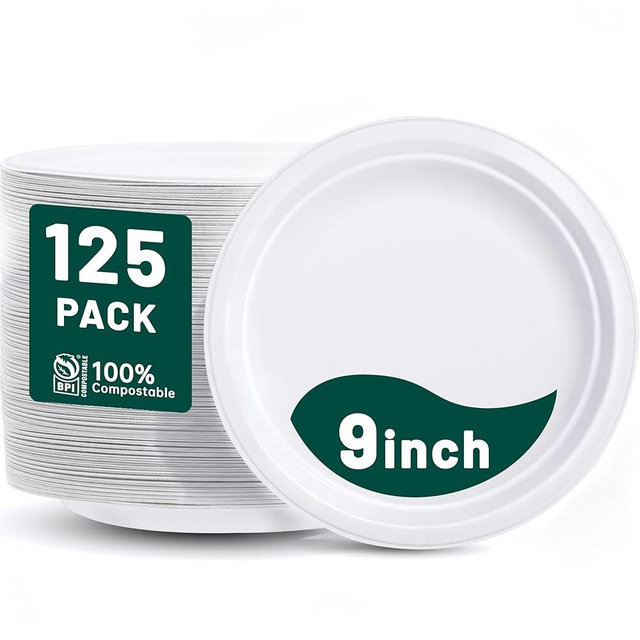 DaYammi 100% Compostable Paper Plates 9 Inch, 125-Pack Heavy Duty Paper Plates Bulk,Biodegradable Bagasse,Eco-Friendly Disposable Dinner Plate for BBQ,Picnic,Party (BPI Certified,Microwaveable)