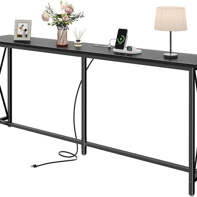 SUPERJARE 70 Inch Console Table with Outlets and USB-C Port, Extra Long Behind Couch Sofa Table with X-Shaped Design, Narrow for Entryway, Living Room, Metal Frame, Wooden Top, Black