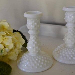 2 Vintage Fenton Hobnail Milk Glass Candle Holders