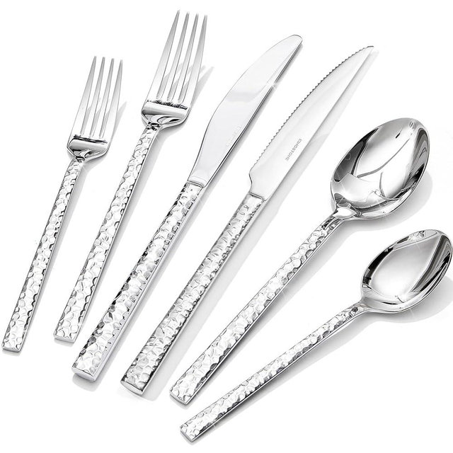 KINGSTONE 36 Piece Silverware Set with Steak Knives, Hammered Silverware Set for 6, 18/10 Stainless Steel Flatware, Cutlery Set for Home, Party, Wedding, Mirror Polished Dishwasher Safe