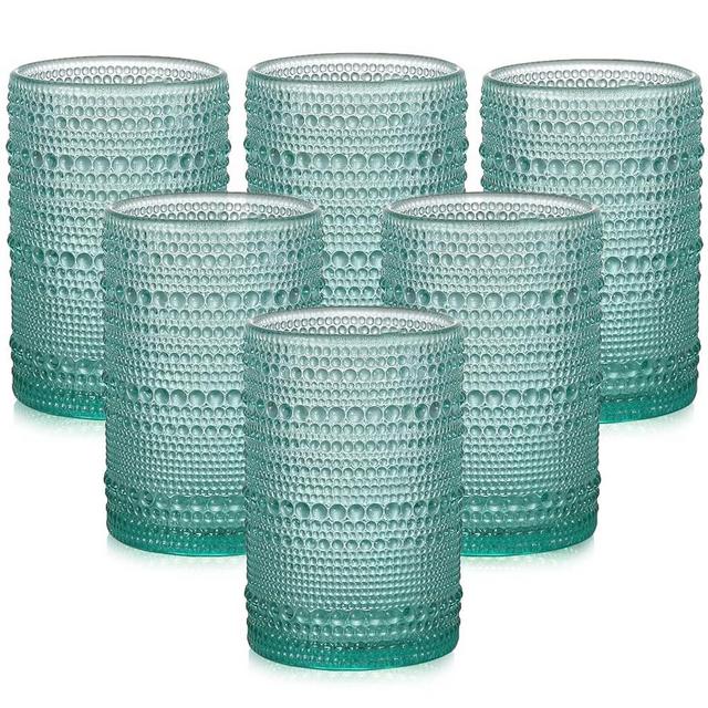 ZMOWIPDL Vintage Glassware Drinking Glasses Set of 6,15 oz Hobnail Glass Cups,Embossed Lake Blue Water Tumbler,for Beer,Cocktail,Whiskey,Juice and Various Mixed Drinks- 1 Cleaning Brush