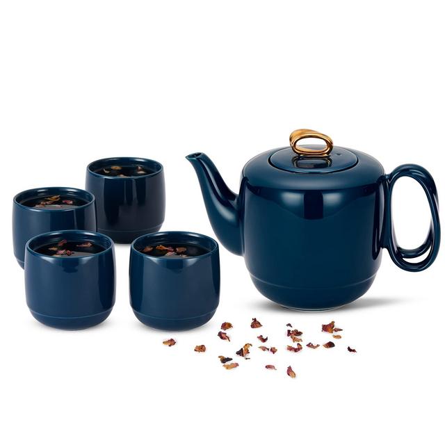 ZENS Ceramic Teapot Set, 35.2 Ounces Gold Trim Porcelain Teapot with Infuser and 4 Cups for Loose Tea, Luxury Smooth Glazed Tea Pot with Double Entwined Handle for Women Gift /1000ML Navy Blue