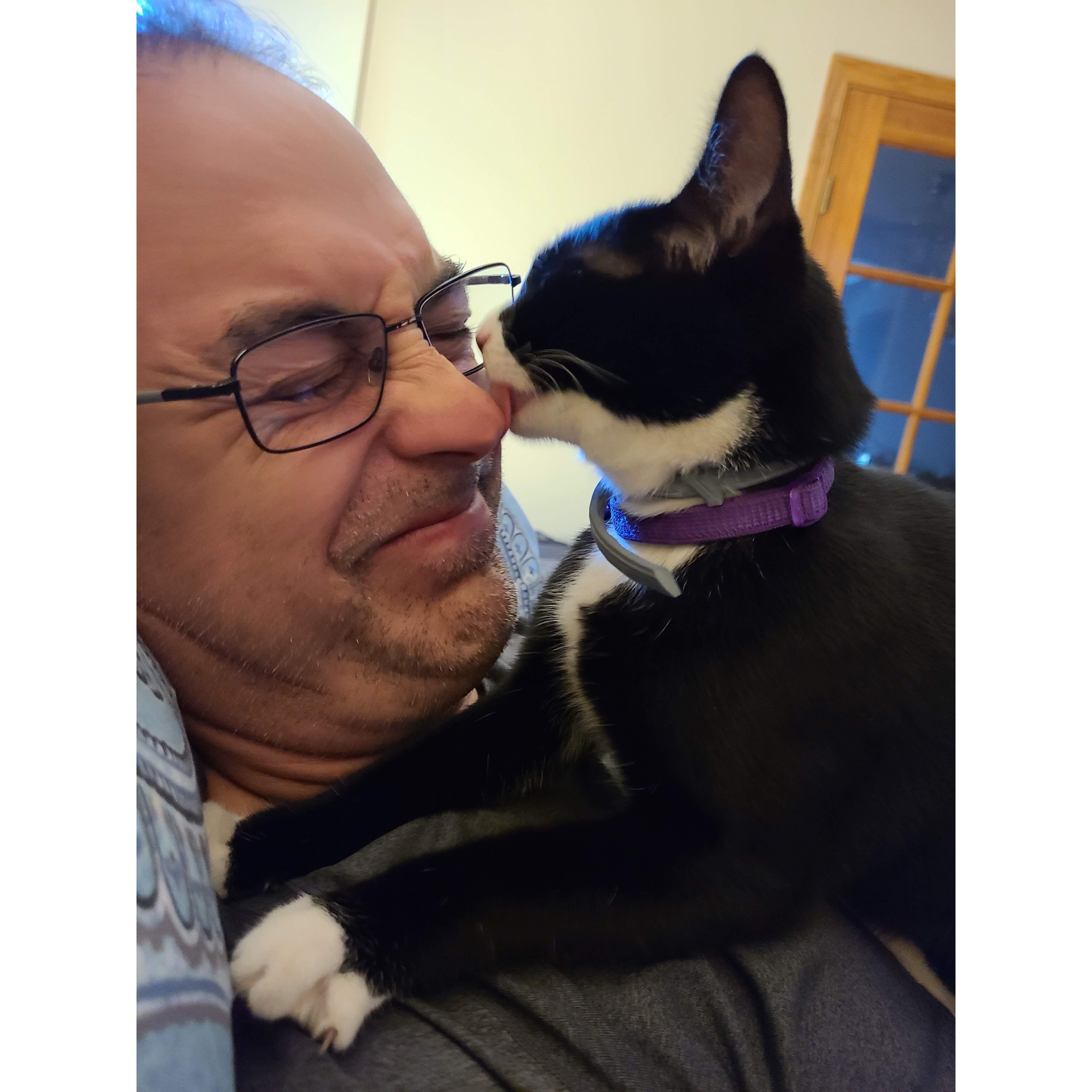 Jeff is really getting along with the cats. His 2nd favorite animal!