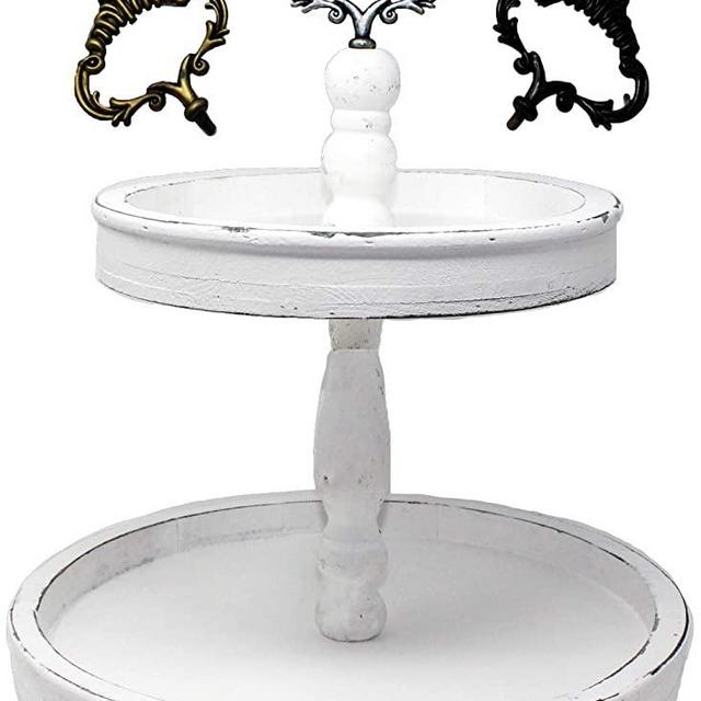 Felt Creative Home Goods Large Distressed Rustic Wood Two Tiered Tray White, 2 Tier Serving Tray for Coffee Bar, Kitchen Counter, Dining Room Table, Cupcake Stand, Holiday and Farmhouse Decor