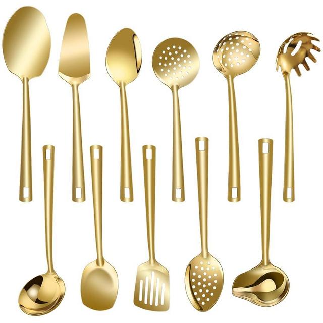 Lazycorner Cooking Utensil Set 11 Pcs Stainless Steel Kitchen Utensils Set Wok Utensils Kitchen Tool Set Spatula Set Heat Resistant Metal Kitchen Tools Ergonomic HandleEasy to Clean Dishwasher Safe