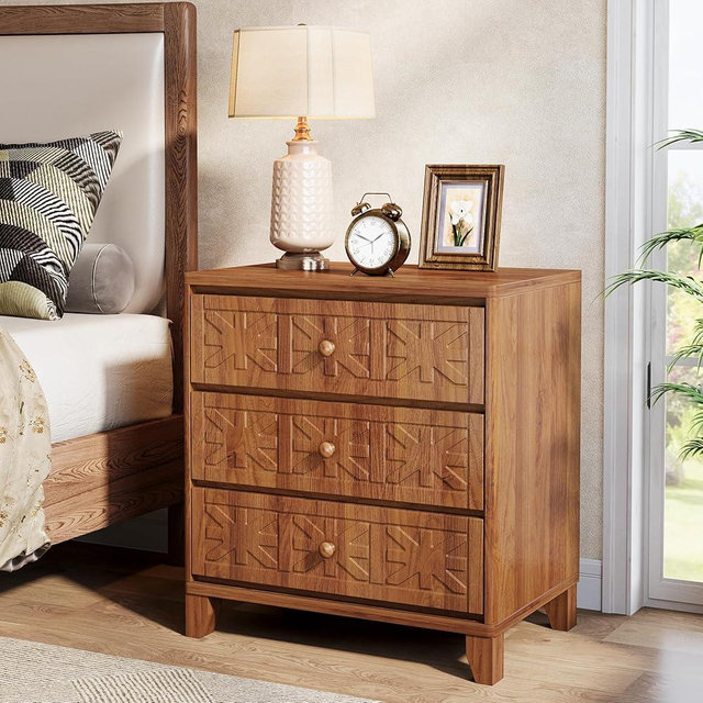 Tribesigns Nightstand with 3 Drawers, Farmhouse Bedside Table with Elegant Patterns, Industrial Night Stand End Table for Bedroom, Brown