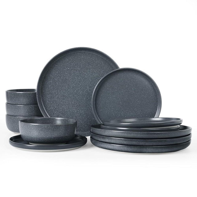 Famiware Milkyway Plates and Bowls Set, 12 Pieces Dinnerware Sets, Reactive Glaze Dish Set, Stoneware Dishes Set for 4, Matte Dark Charcoal