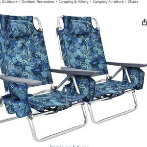 GYMAX Beach Chairs, 2-Pack Backpack Camping Chair w/Armrest, Cooler Bag, Cup Holder, Towel Bar & Pockets, Sunbath Sling Tanning Lounge, Folding Layout Chairs (Blue Leaves, Without Table)