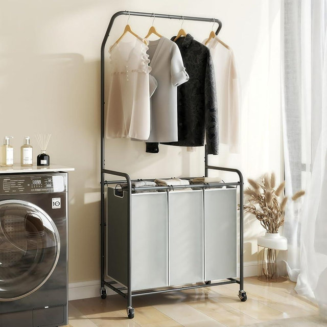 ROMOON Laundry Sorter Hamper with Hanging Bar, 3 Section Rolling Laundry Cart with Clothes Rack & Heavy-Duty Lockable Wheels, Divided Laundry Basket Organizer for Apartment & Small Spaces ((130L Grey)
