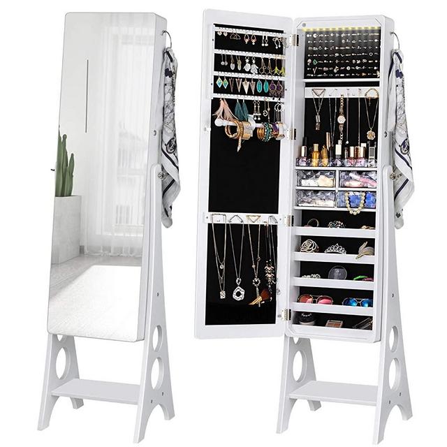 YOKUKINA LED Jewelry Cabinet Armoire, Large Storage Lockable Organizer with Frameless Free Standing Dressing Mirror