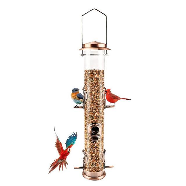 Metal Bird Feeder Tube Hanging Wild Bird Seed Feeder Aluminum Six Port Bird Feeders,1.4 mm Extra Thick Solid Tube Transparent with Steel Hanger (Antique Copper)