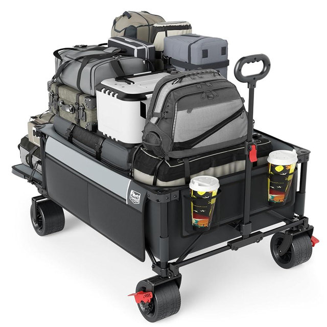 TIMBER RIDGE 600L Beast Wagon 26" W Extra Wide All Terrain Folding w/Big Wheels, Cargo Net & Tailgate, 26" W and 55.25" L, Capacity and 400lbs Heavy Duty Collapsible Portable Cart, Grey