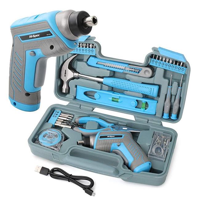 Hi Spec 35 Piece Blue Home DIY Tool Kit with USB Rechargeable 3.6V Electric Power Screwdriver. Easy Repair with Household Hand Tools & Picture Hanging Kit. All In a Portable Box