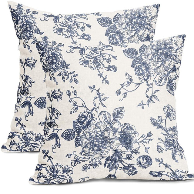Vintage Floral Pillow Covers 18x18 Inch Set of 2 Navy Blue and Cream Floral Throw Pillow Covers Chinoiserie Flower Pillowcases Farmhouse Cotton Linen Cushion Covers for Couch Bed Sofa Chair Home Decor