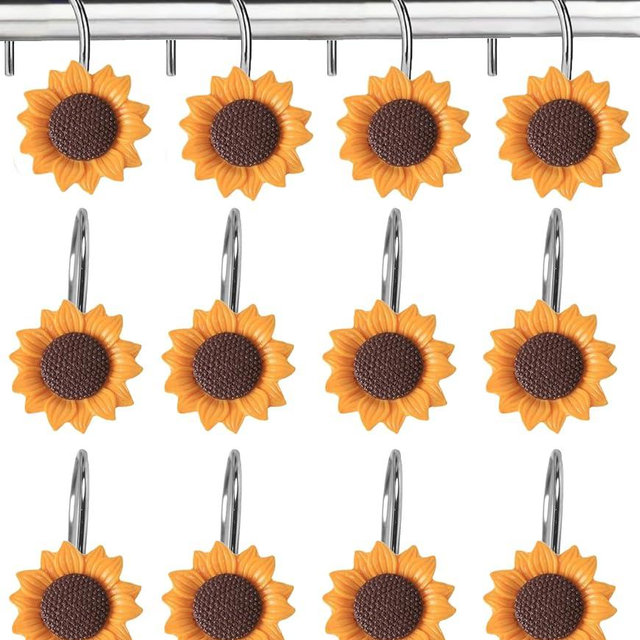 YOINIUEM 12-Piece Sunflower Shower Curtain Hooks Set - Resin Floral Pattern Shower Curtain Rings for Bathroom Curtains, Floral Bathroom Decor - for Standard Bath Rods