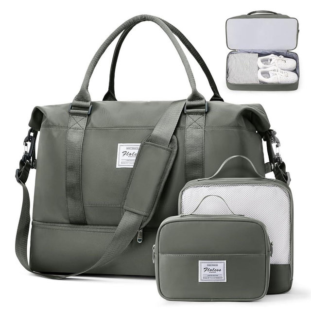 SUNMOP Weekender Bags for Women, Travel Duffel Bags with Shoe Compartment & Wet Pocket,Personal Item Travel Bag for Airlines,Carry on Overnight Tote Bag for women,3Pcs Set，Olive Green