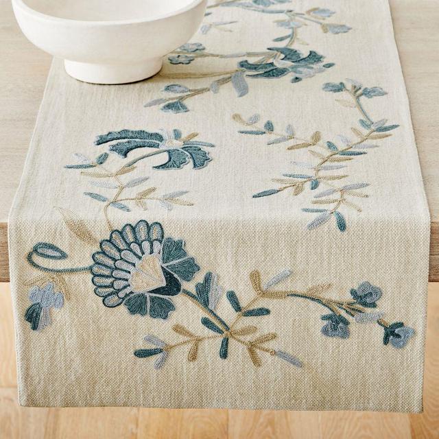 Liana Crewel Embroidered Cotton Table Runner - Blue