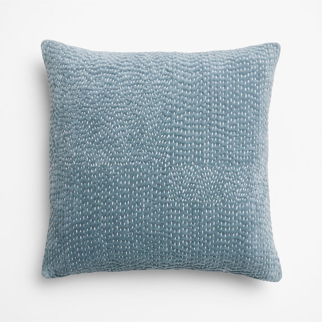 Sashiko Organic Cotton Velvet 20"x20" Blue Throw Pillow with Down-Alternative Insert