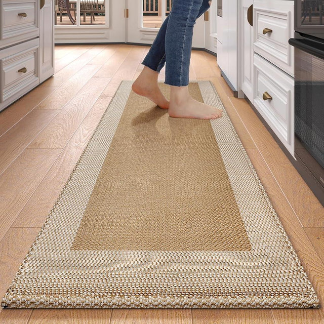 QiCaiJia Anti Fatigue Kitchen Mats for Floor, Super Absorbent Kitchen Rugs Non Slip Washable, Soft Linen Braided Kitchen Runner Rug, Standing Mat Kitchen Sink Mat, Easy to Clean, Brown 17x47