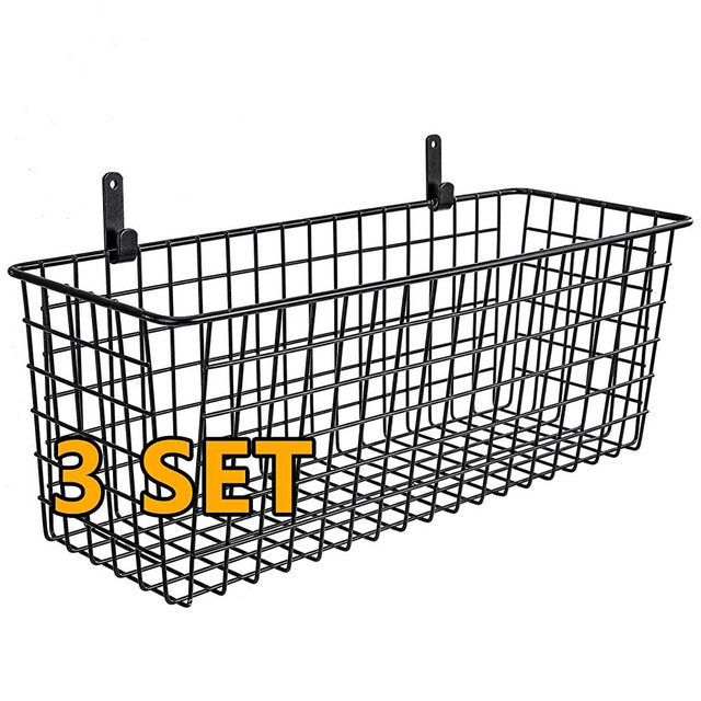 3 Set [Extra Large] Hanging Wall Basket for Storage, Wall Mount Sturdy Steel Wire Baskets, Metal Hang Cabinet Bin Wall Shelves, Rustic Farmhouse Decor, Kitchen Bathroom Organizer, Black