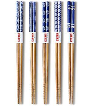 Chopsticks 5 Pairs Japanese Style Bamboo Chop Sticks Natural Reusable Classic Style Chopstick Gift Set with Box (Porcelain)
