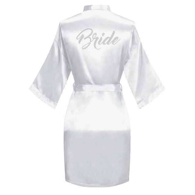 Chic Defend Women's Satin Robe Bride Bridesmaid Short Kimono Robes with Silver Rhinestones for Wedding Party Getting Ready