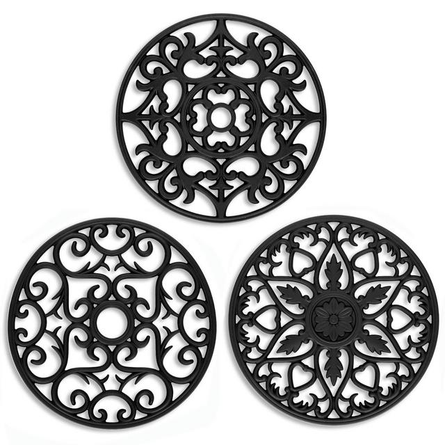 3 Set Silicone Multi-Use Intricately Carved Trivet Mat - Insulated Flexible Durable Non Slip Coasters (Black)