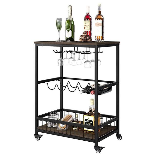 Bar Carts for Home, Mobile Wine Cart, Rolling Bar Serving Cart with Wheels, Industrial Beverage Cart with Wine Rack and Glass Holder, Dark Brown